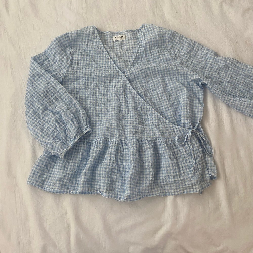 Light Blue Gingham Wrap Peplum Blouse - Women